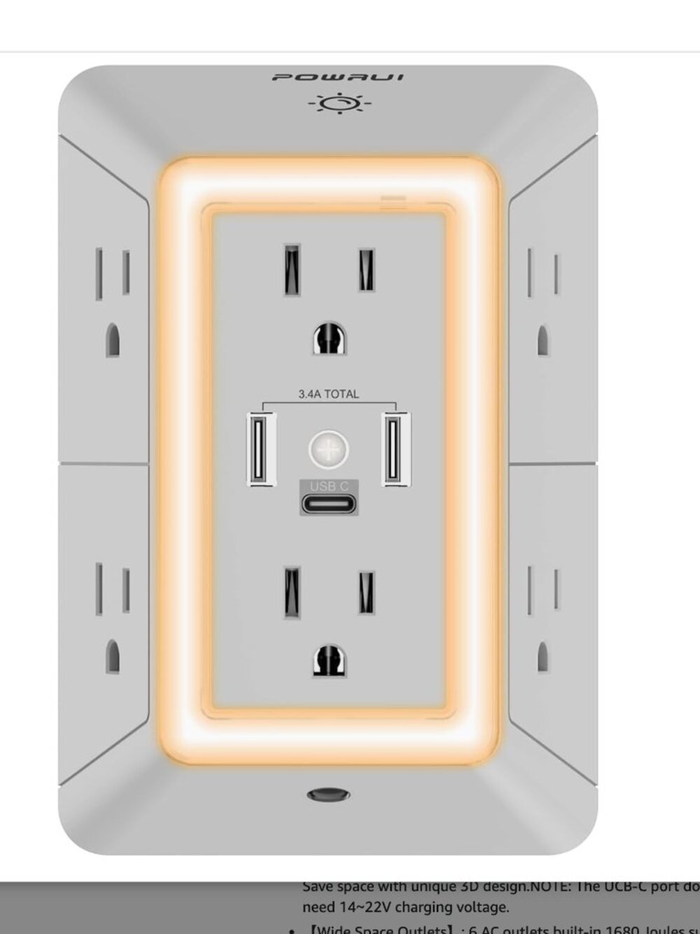 POWRUI 6 Multi Plug Wall Outlet Night Light Outlet Extender & 3 USB Ports